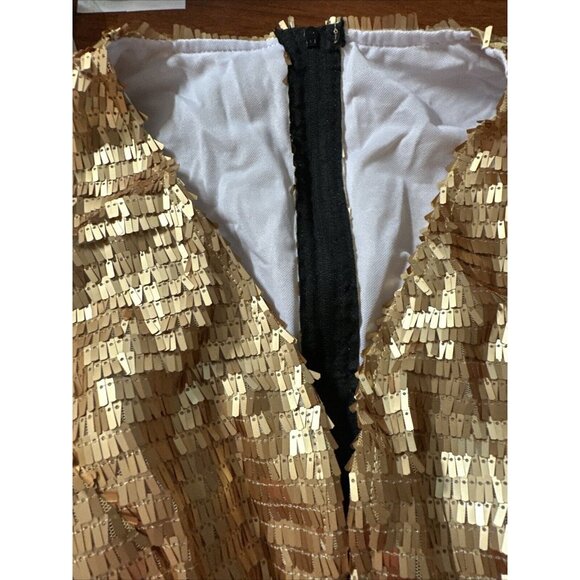 Women Sequin Mini Dress Cut Out Large Gold/Yellow V-Neck Long Sleeve Zipper Back - Picture 12 of 14